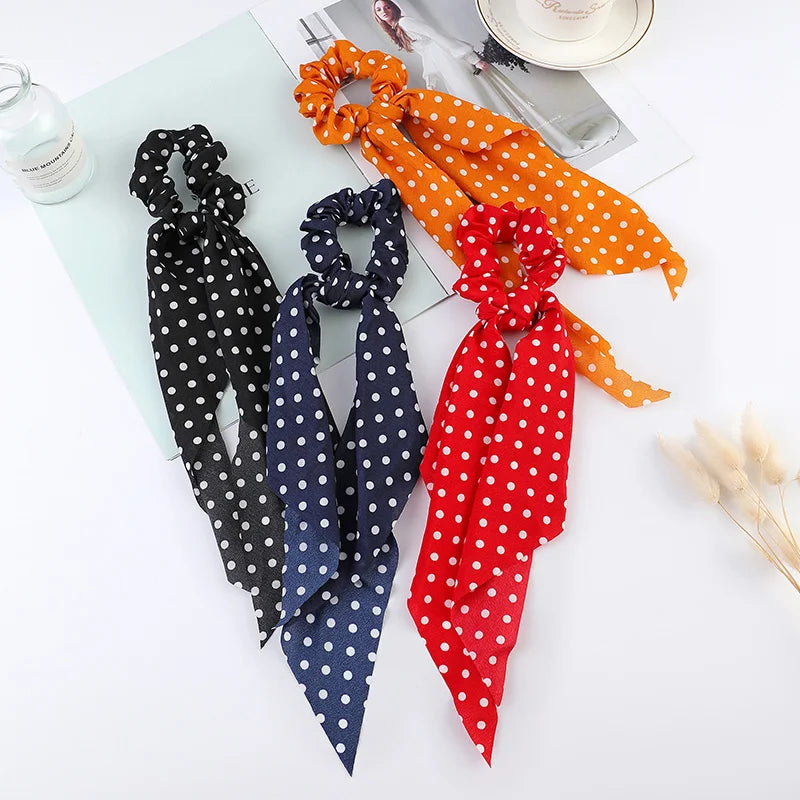 Korean Dots Scrunchie Hair Tie – Long Scarf Ponytail Elastic Hair Band for Women | Sweet Fashion Hair Accessories