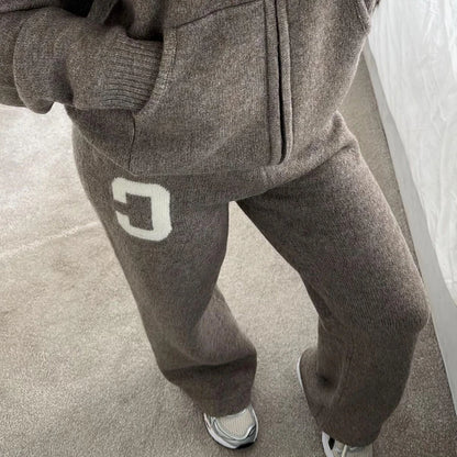 Women’s Hooded Knit Tracksuit 2-Piece Set – Casual Knitted Jacket & Pants Trousers, Cozy Two-Piece Outfit for Everyday Wear