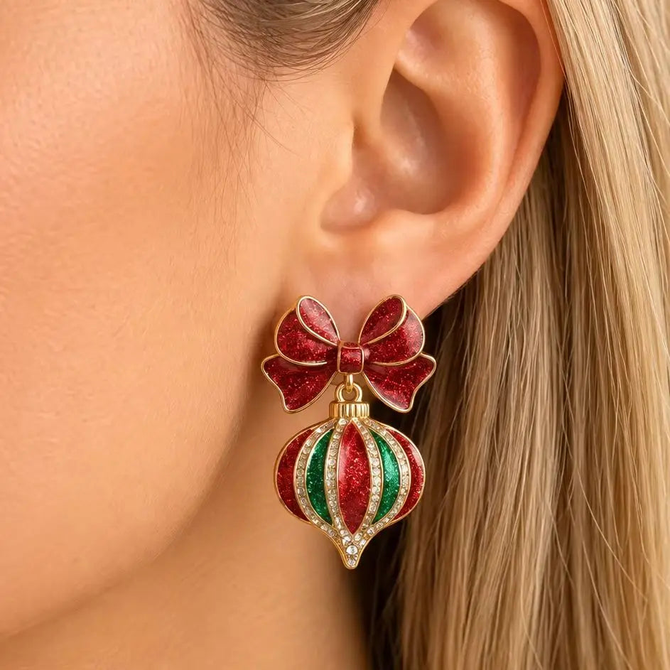 Christmas Bow Drop Earrings for Women – Glitter Red & Green Holiday Dangle Earrings, Festive Party Jewelry, Cute Gift Accessories