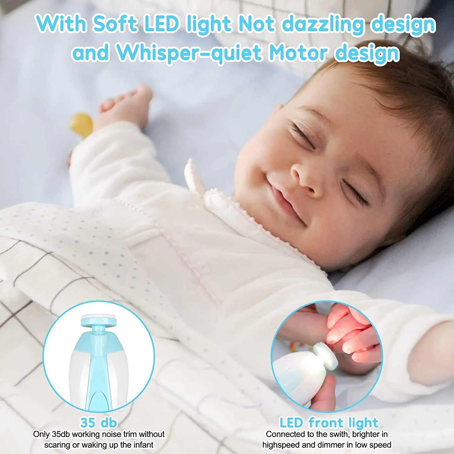 MAMIJOY Cortaúñas Eléctrico para Bebés con Luz LED – Kit de Cuidado de Uñas para Bebés Recién Nacidos, Lactantes y Niños Pequeños, de Bajo Ruido y 4 Velocidades