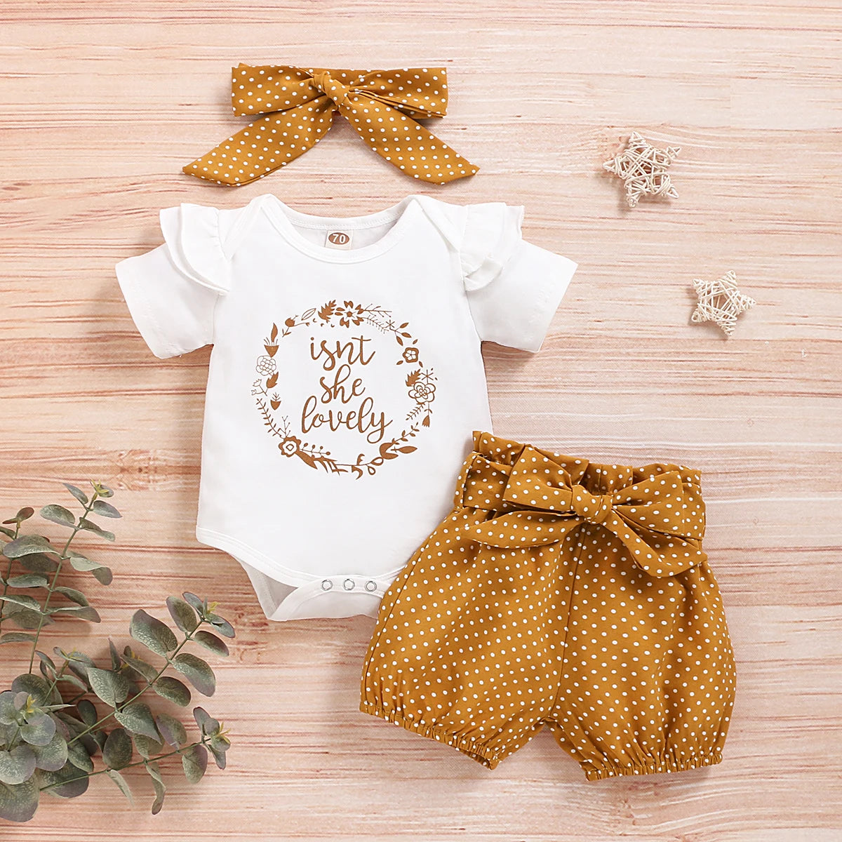 Baby Girl 3PCS Summer Outfit Set – Short Sleeve Bodysuit, Polka Dot Shorts & Headband for Infants