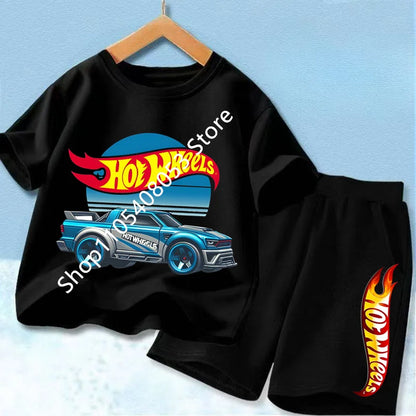 Conjunto de camiseta y pantalón corto de coche de carreras para niños, mezcla de algodón, atuendo de verano para niños y niñas
