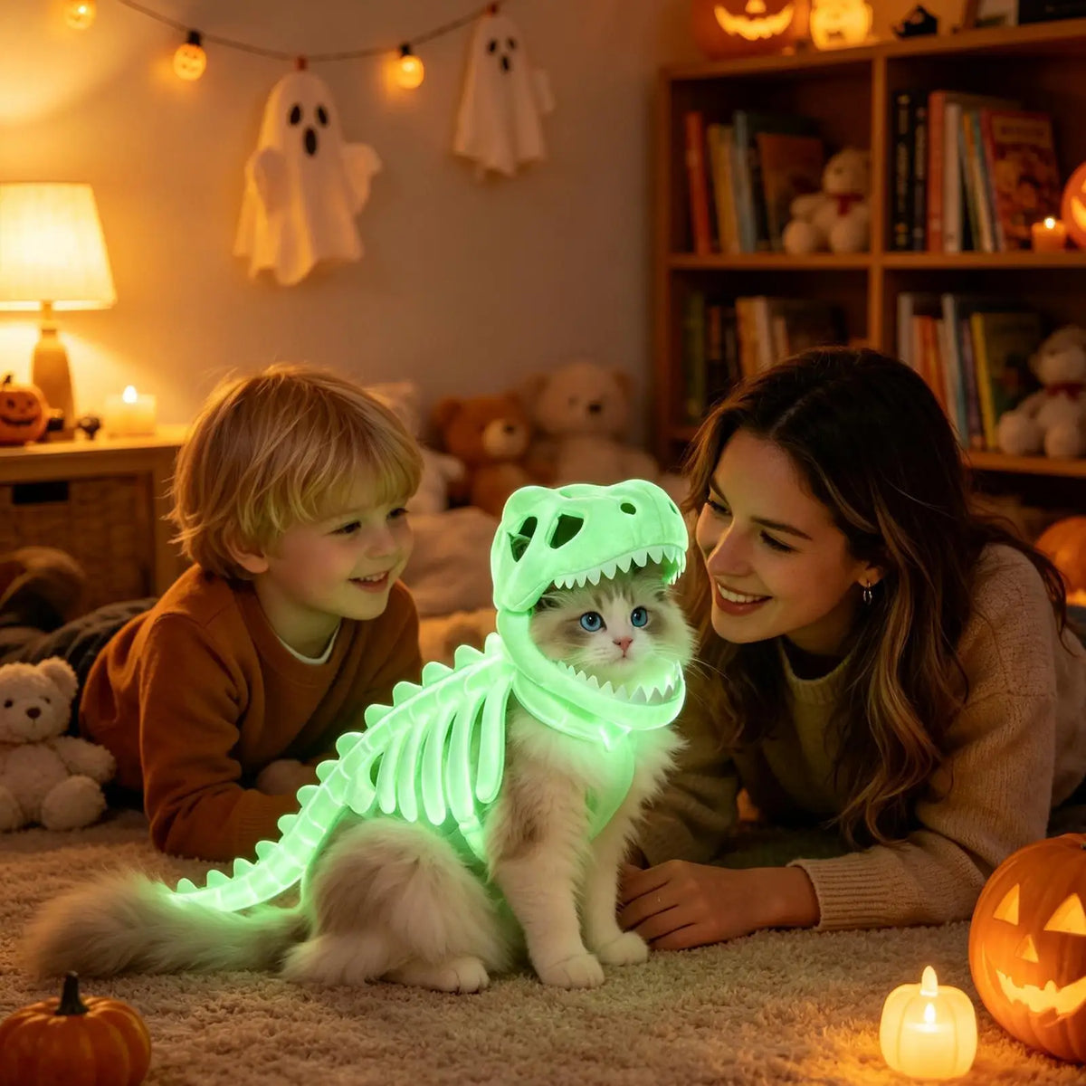 Glow-in-the-Dark Dinosaur Skeleton Pet Costume – Soft Fluffy Dinosaur-Shaped Halloween Role-Play Outfit for Cats & Small Dogs