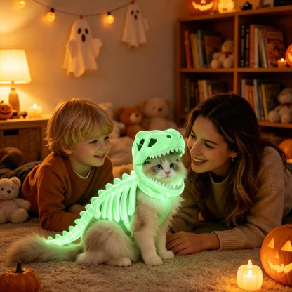 Glow-in-the-Dark Dinosaur Skeleton Pet Costume – Soft Fluffy Dinosaur-Shaped Halloween Role-Play Outfit for Cats & Small Dogs