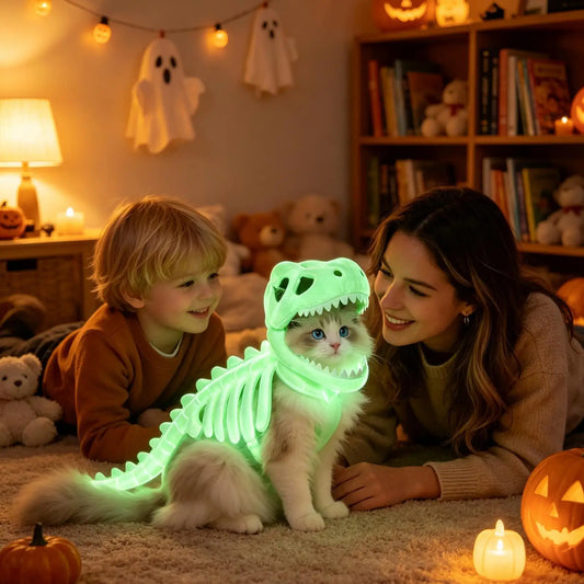 Glow-in-the-Dark Dinosaur Skeleton Pet Costume – Soft Fluffy Dinosaur-Shaped Halloween Role-Play Outfit for Cats & Small Dogs