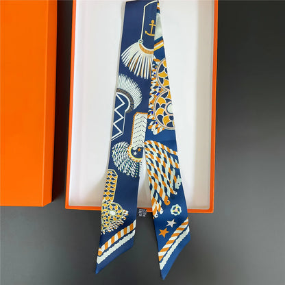 Pañuelo estrecho de sarga de seda 100 % de lujo para mujer, diseño de marca, pañuelo para bolso, pañuelo para el cuello, diadema para el pelo