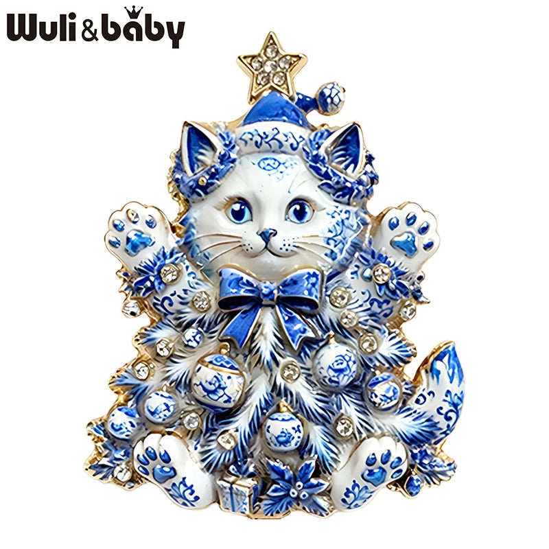 Wuli&baby Blue & White Porcelain Christmas Brooches for Women – Santa Claus, Cat, Christmas Tree & Nutcracker Brooch Pins for New Year