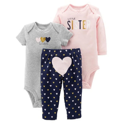 3PCS Baby Bodysuit Set – Soft Cotton Long & Short Sleeve Infant Rompers with Comfortable PP Pants for Baby Boys & Girls