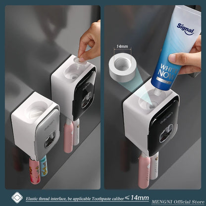 Dispensador de pasta de dientes MENGNI – Exprimidor de pasta dental montado en la pared para baño, soporte para cepillo de dientes sin taladros, organizador manual de bomba de pasta de dientes para almacenamiento y uso diario en el baño