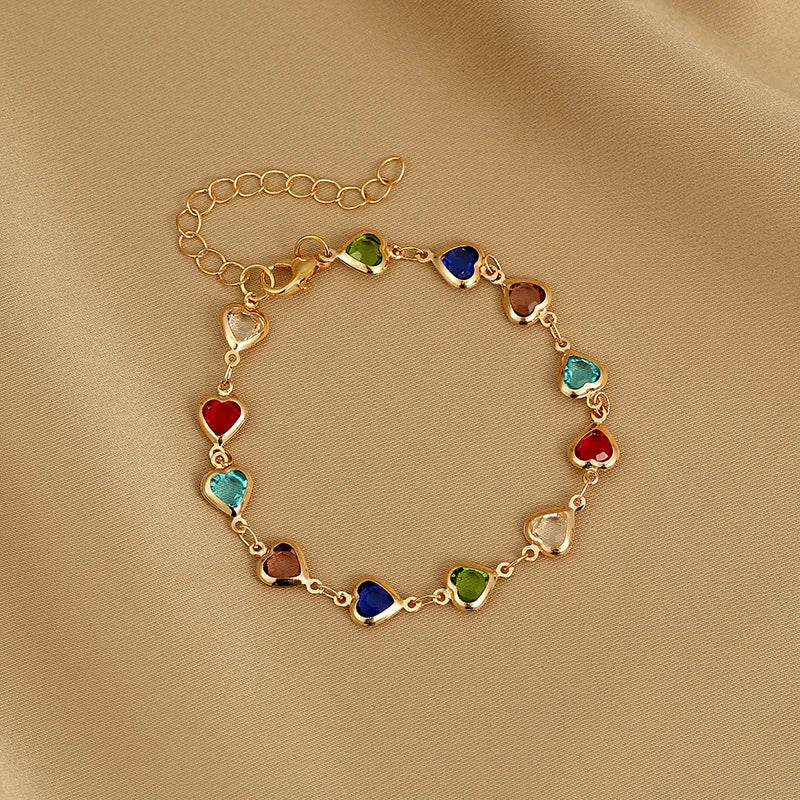 Elegante Pulsera de Zirconia de Cristal Rojo – Pulsera de Cadena Metálica con Corazón Colorido para Mujer, Boda, Fiesta y Joyería de Regalo