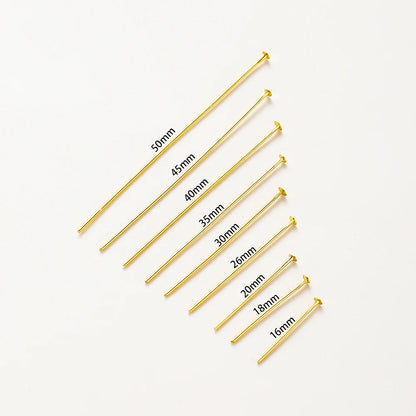 100-Piece 14K & 18K Gold Plated Brass Head Pins Set (16–50mm) – Ball, Flat & Eye Pins for DIY Jewelry Making & Crafts