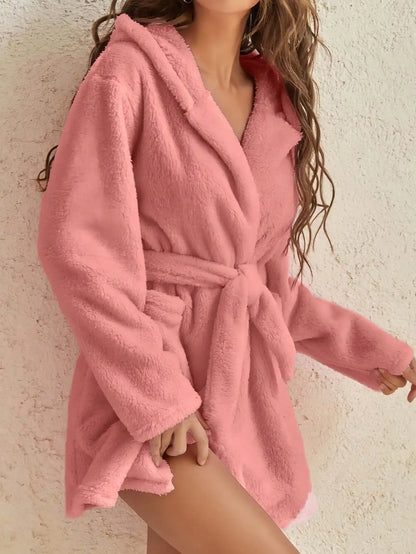 Women’s Hooded Fleece Robe – Solid Color Cozy Warm Bathrobe with Belt for Autumn & Winter Home Wear