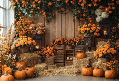 Mehofond Fall Autumn Harvest Photography Backdrop – Rustic Barn Hay & Pumpkin Background for Kids’ Birthday, Portrait, Photo Studio & Party Decor