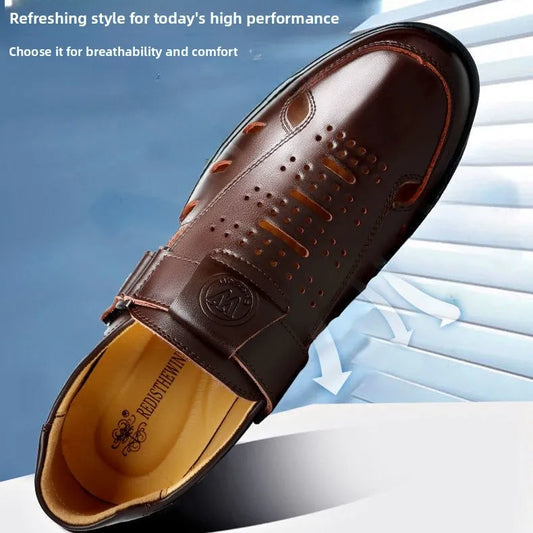 Sandalias de cuero genuino para hombre antideslizantes transpirables sin cordones casuales de verano para caminar