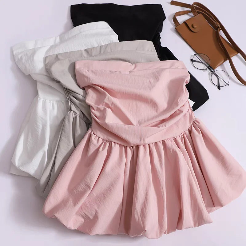 Women's Strapless Tube Top – Solid Color Pleated Sleeveless Camisole for Summer Casual Fashion
