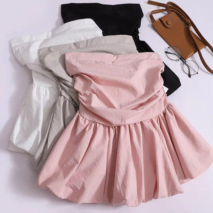 Women's Strapless Tube Top – Solid Color Pleated Sleeveless Camisole for Summer Casual Fashion