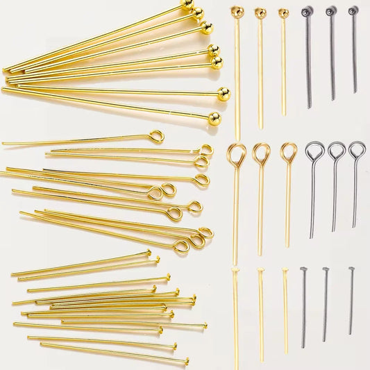 Set de 100 imperdibles chapados en oro de 14K y 18K (16–50mm) – Alfileres de cabeza redonda, plana y de ojal para manualidades y creación de joyas