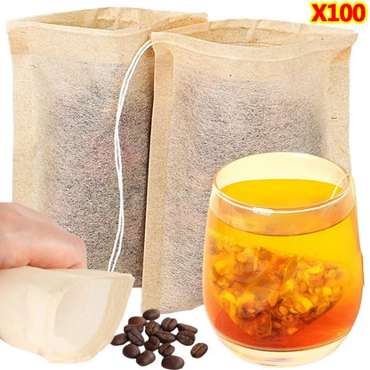 100pcs Empty Tea Bags with Drawstring – Disposable Filter Bags for Loose Leaf Tea, Coffee Beans, Herbal Powder & Spices, Biodegradable Paper Tea Strainer Bags for Home Brewing