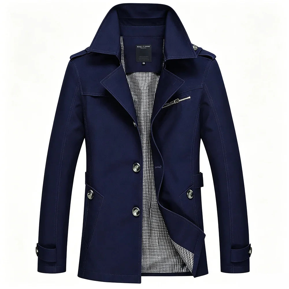 Men’s Mid-Length Trench Coat – Slim-Fit Business Casual Overcoat with Lapel Collar & Metal Buttons, Stylish Windbreaker for Commuting