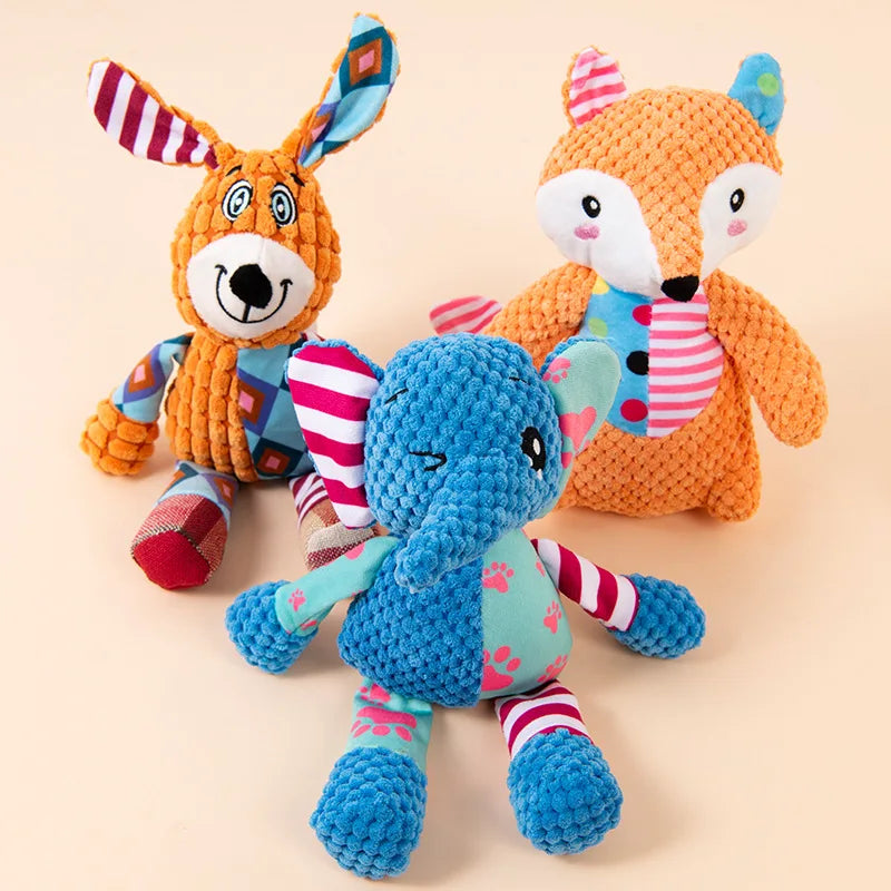 Cute Animal Plush Dog Toy – Bite-Resistant Squeaky Chew Toy with Sound for Interactive Play & Teeth Cleaning, Fox & Elephant Designs
