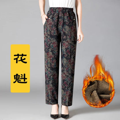 8XL Plus Size Women's Winter Pants – Printed Elastic High-Waist Velvet Trousers, Warm Straight-Leg Casual Oversized Fit