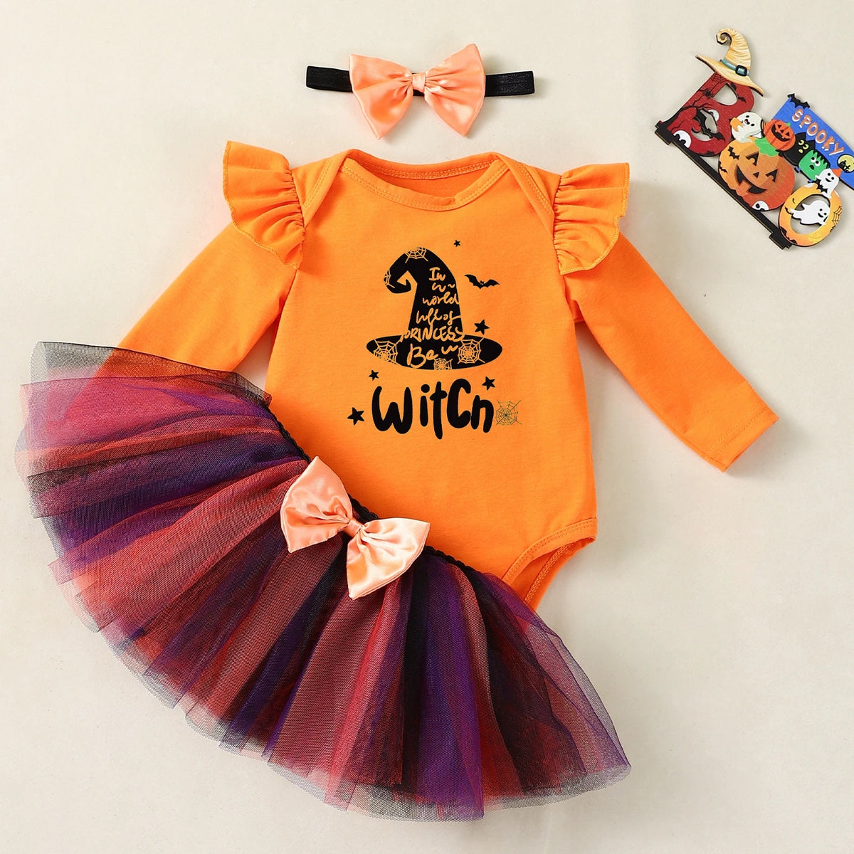 My First Halloween Baby Girl Costume – Long-Sleeve Ghost Bodysuit with Tutu Skirt, Bow Headband, 0–3M Infant Outfit