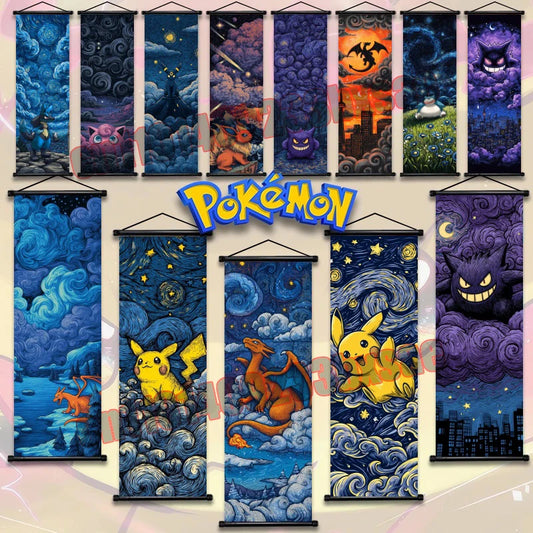Póster de pared de anime Pokémon – Pintura de desplazamiento Gengar Eevee Pikachu, lienzo retro para decoración del hogar