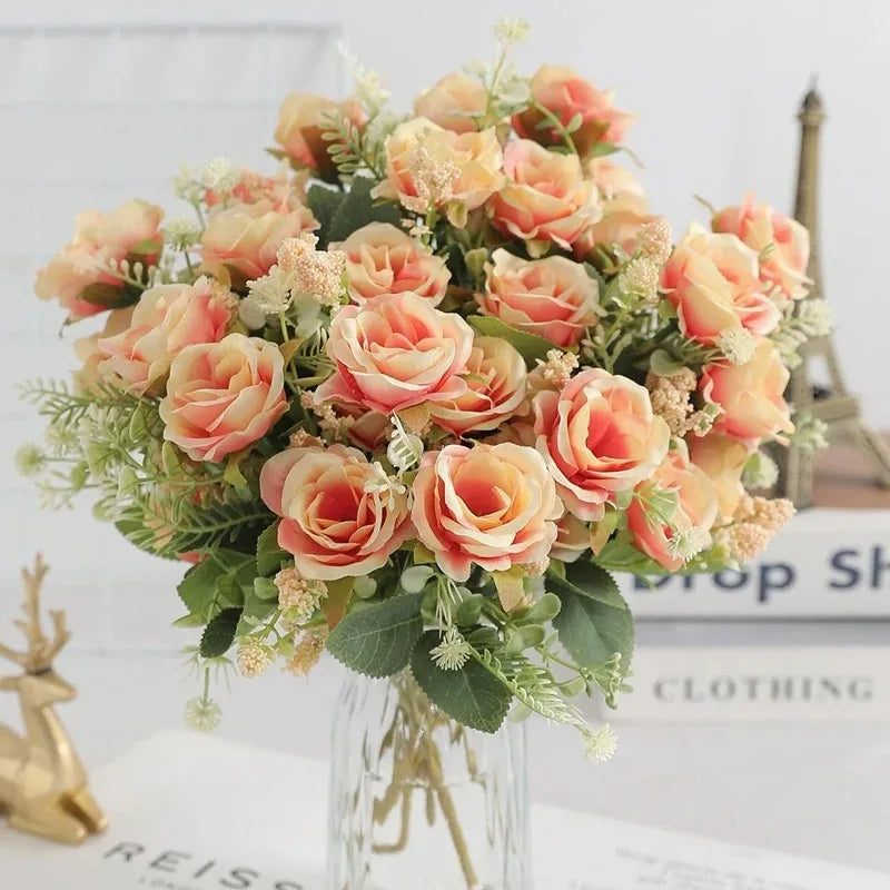 Ramo de Rosas Peonías Blancas Artificiales de 30cm – Flores Falsas de Seda con 5 Flores Grandes y 4 Capullos para Ramos de Novia, Decoración del Hogar y Arreglos Florales