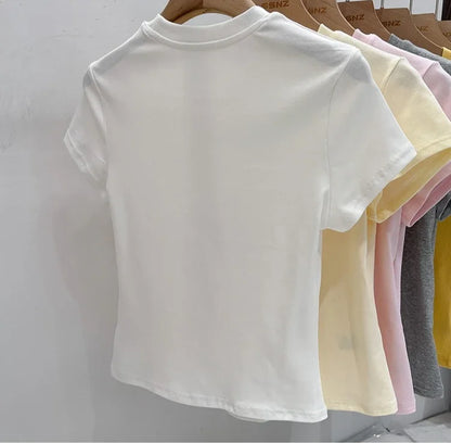 Zjaiss 2026 T-shirt col rond mode été sexy basique uni à manches courtes pour femme style coréen décontracté streetwear