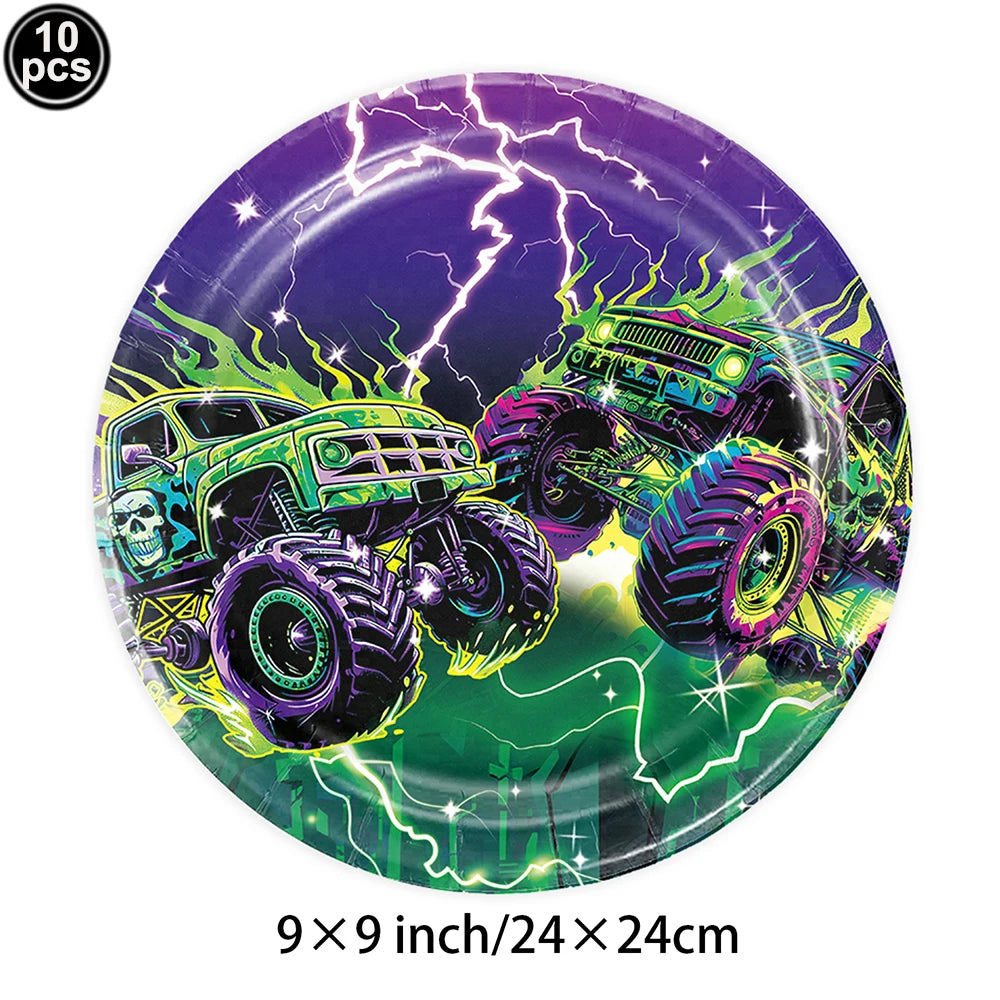 Monster Truck Birthday Party Supplies – Disposable Plates, Napkins, Banner & Tablecloth for Kids' Boys' 2nd Birthday Decorations