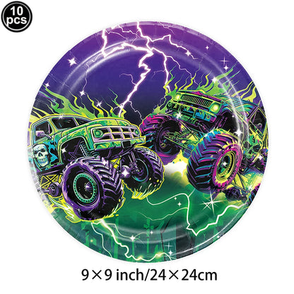 Monster Truck Birthday Party Supplies – Disposable Plates, Napkins, Banner & Tablecloth for Kids' Boys' 2nd Birthday Decorations