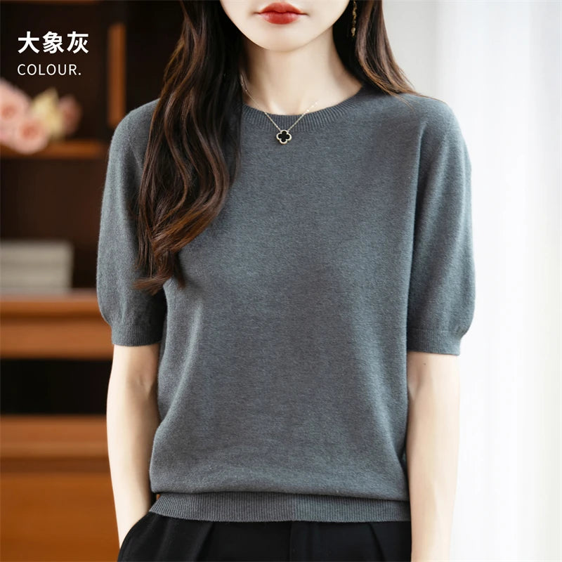 Women's 100% Wool Knitted Sweater – O-Neck Short-Sleeve Pullover, Warm Basic Casual Top for Fall & Winter, Available in 22 Colors