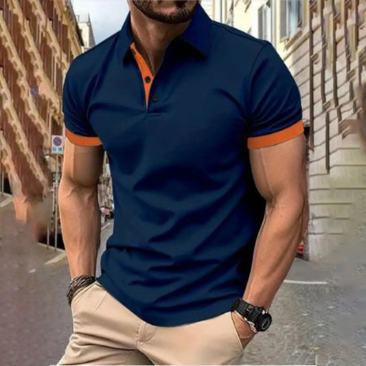 Men's Color-Block Short-Sleeve Polo Shirt – Fashion Lapel Collar Casual Top, Stylish Summer T-Shirt for Everyday & Smart Casual Wear