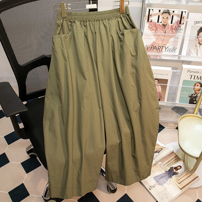 Pantalones sueltos de pierna ancha de talle alto cómodos e informales para mujer de talla grande, estilo retro japonés, pantalones de farol
