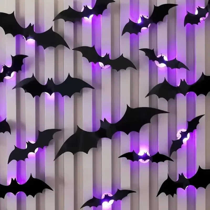 3D Halloween Bat Wall Stickers – Purple LED Night Light or Non-Lit Bat Decorations for Halloween Parties, Spooky Walls & Festive Decor