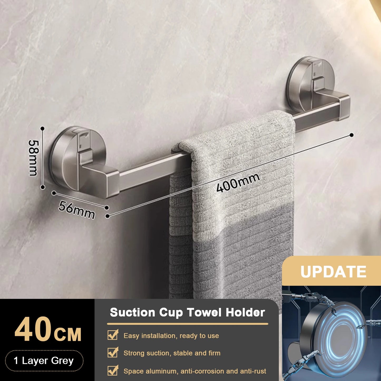 Toallero de Ventosa para Pared, sin Taladro, para Baño, Barra de Toalla de 30/40/50cm, Soporte que Ahorra Espacio