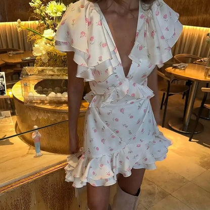 Robe mini florale à volants printemps-été 2026 pour femme – Jupe courte plissée à col en V, tenue décontractée élégante et à la mode