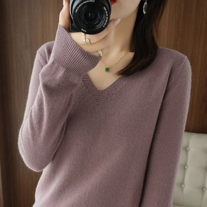 Women's Cashmere-Style V-Neck Sweater – Long-Sleeve Knitted Pullover with Lace Neck & Hollow-Out Detail, Casual Autumn & Winter Top