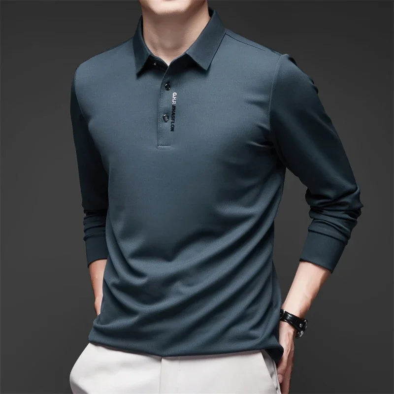 Polo à manches longues pour homme – Haut décontracté de couleur unie, respirant, confortable et tendance pour le quotidien