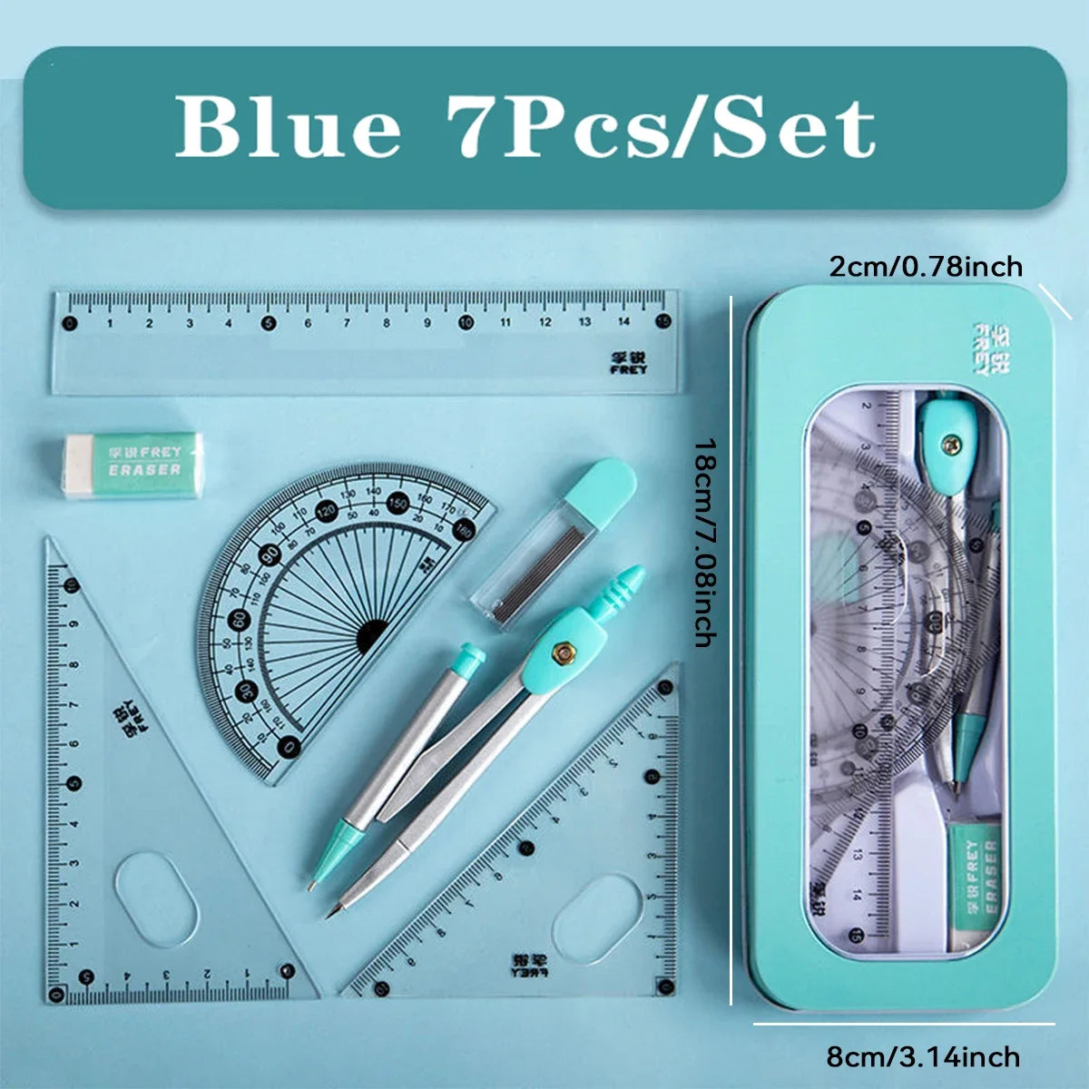 7PCS Geometry Ruler Set – Compass, Triangle Ruler & Protractor Student Math Kit in Storage Box