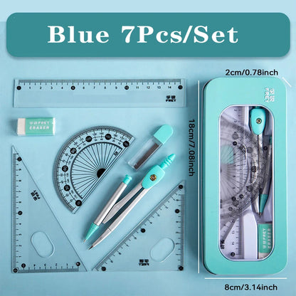 7PCS Geometry Ruler Set – Compass, Triangle Ruler & Protractor Student Math Kit in Storage Box