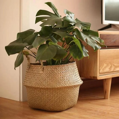 Panier en osier tressé en algues marines, pot de fleurs suspendu en rotin – Panier de rangement tressé naturel pour la lessive, les plantes, l'organisation de la maison et la décoration suspendue WF1015