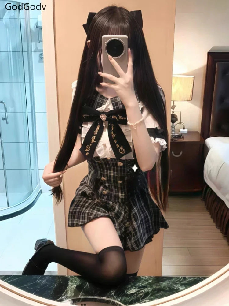 Vestido japonés Sweet Lolita Kawaii para mujer 2025, estampado de primavera, lazo, vestido falso de dos piezas, estilo coreano, ropa de fiesta
