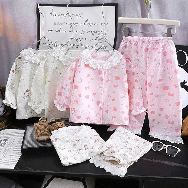 Conjunto de pijama de encaje floral para niñas – Traje de dormir de princesa de manga larga holgado con pantalones para niños