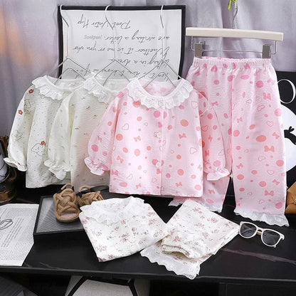 Conjunto de pijama de encaje floral para niñas – Traje de dormir de princesa de manga larga holgado con pantalones para niños