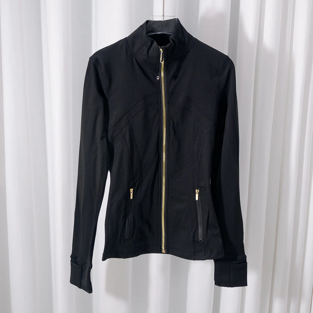 Women’s Gold Zipper Yoga Jacket – Stand Collar Slim Fit Quick-Dry Breathable Sports & Running Activewear