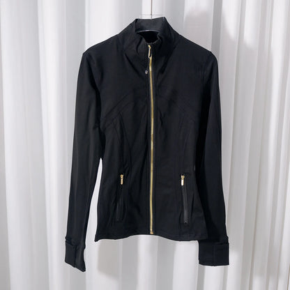 Women’s Gold Zipper Yoga Jacket – Stand Collar Slim Fit Quick-Dry Breathable Sports & Running Activewear