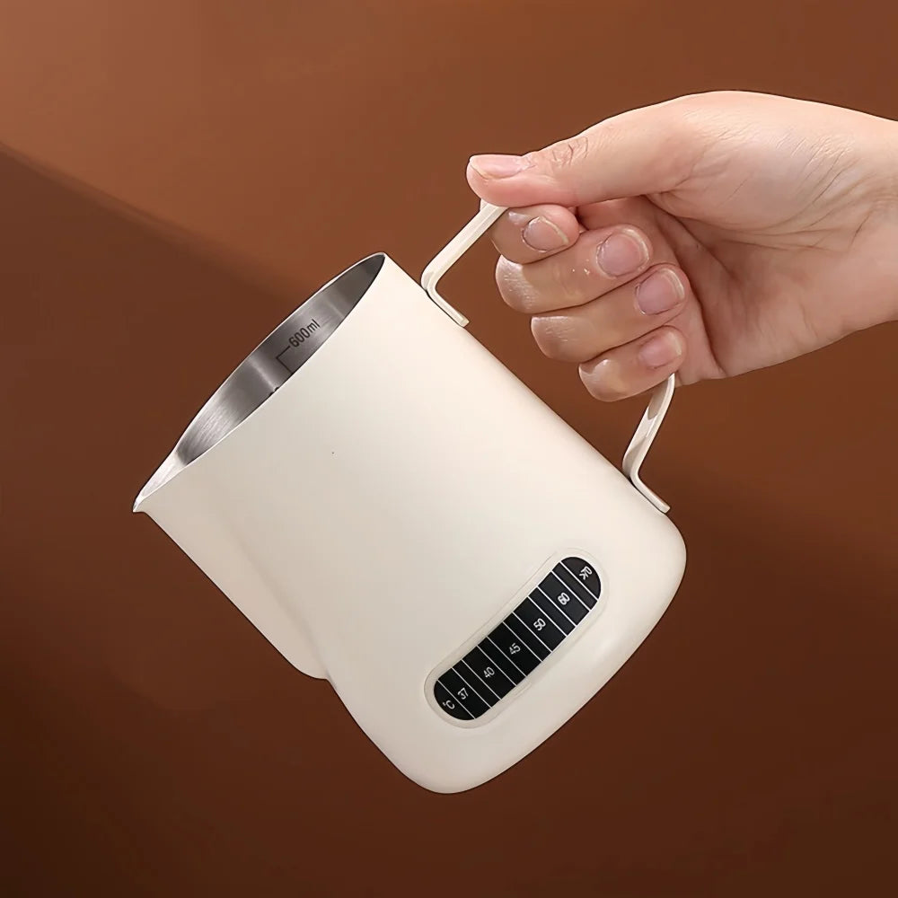 Jarra para espumar leche de café con indicador de temperatura - Jarra espumadora de leche de acero inoxidable con escala de medición para Latte Art y Espresso