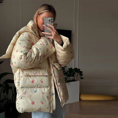 Women’s Winter Printed Coat & Pants 2-Piece Set – Warm Stand Neck Hooded Cotton Jacket with High-Waisted Pants, Chic Casual Outfit