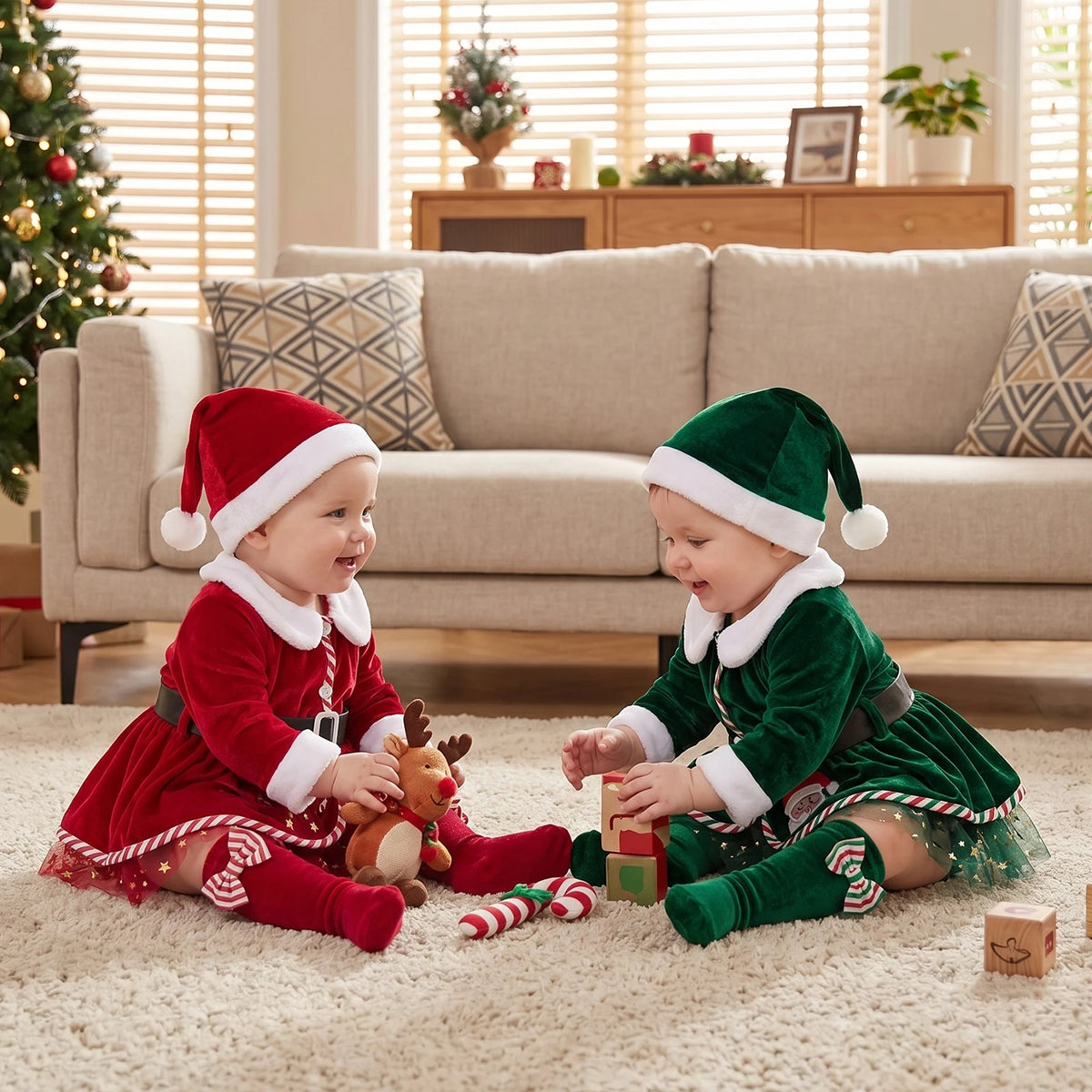 Baby Girls Christmas Santa Claus Costume Set, Princess Velvet Romper Dress with Embroidered Details, Belt, Santa Hat and Stockings, Festive Xmas Holiday Outfit for Christmas Parties and Photoshoots
